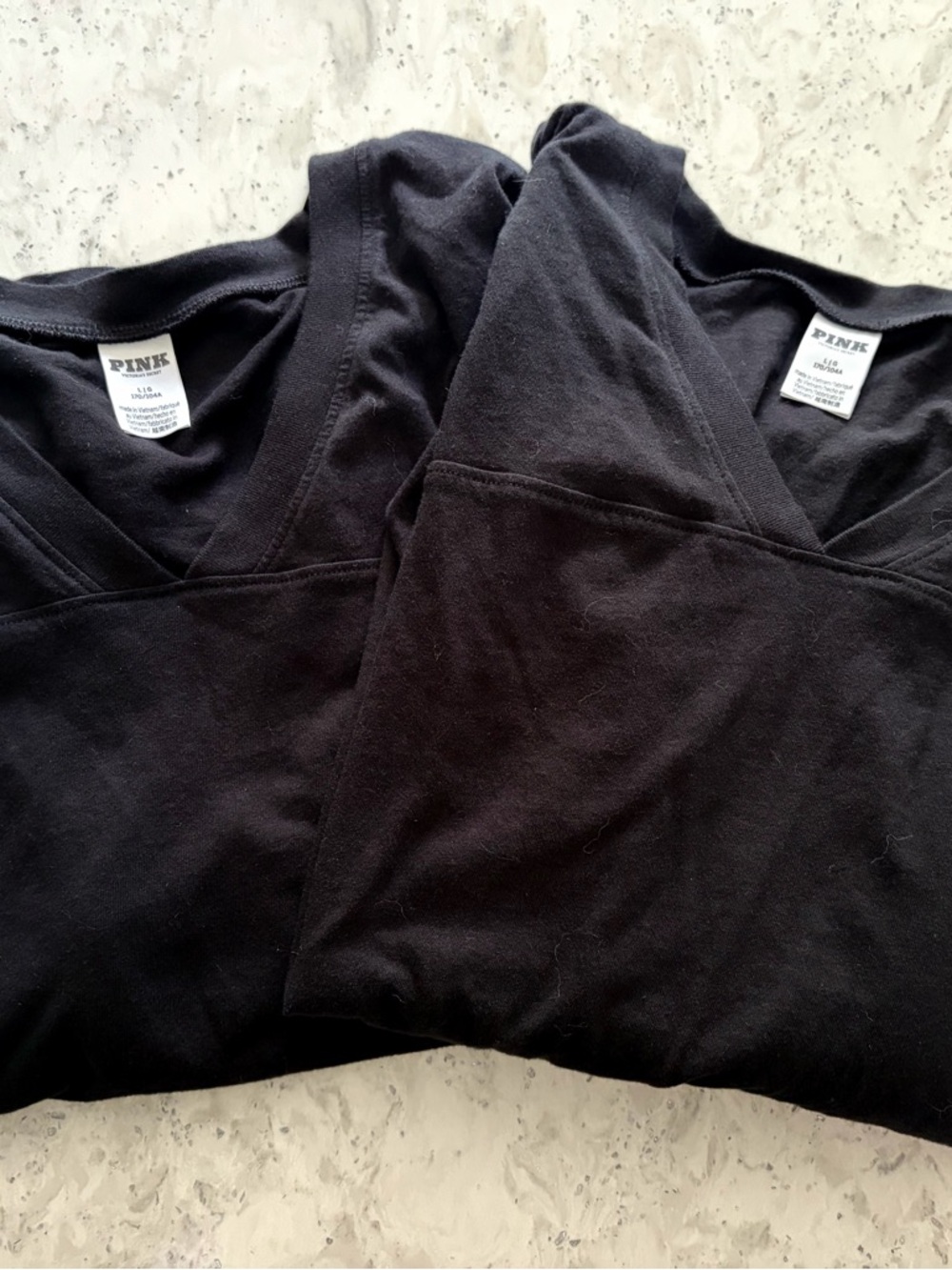 2 PINK Victoria's Black V-Neck PJ Shirt. Size Large.